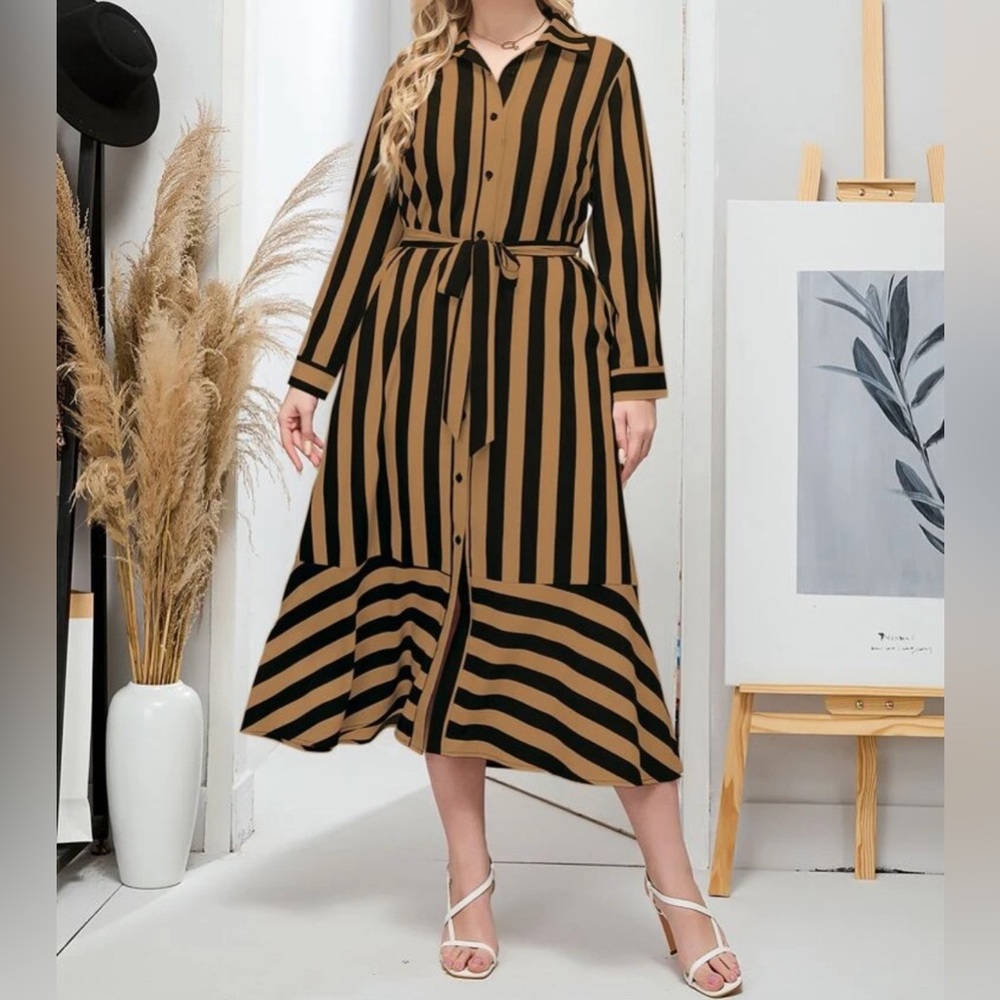 Tan and Black Ruffled High-Low Long Sleeve Shirt Dress
